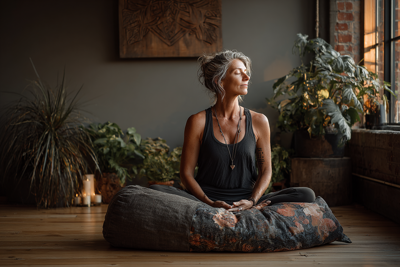 Persoană vârstnică practicând yoga în poziție de meditație